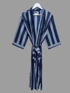 Indian Grey Striped Printed Cotton Robe Long Kimono Sleepwear Night Suit Kimono - Picture 1 of 2