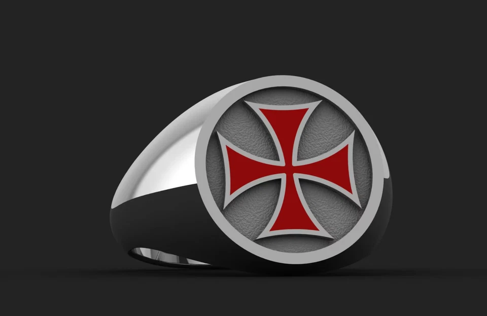 Anillo Religión Cruz Templaria Esmaltada Para Hombre Chapado en Oro Blanco 14K Plata 925 Foto 1 de 4