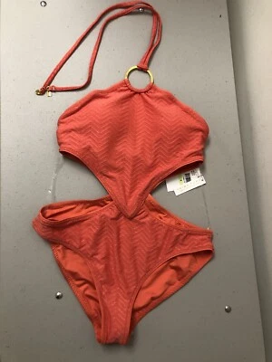 Trina Turk Empire 高领连体泳装木瓜金属色全新带标签 4 码 — 第 1/4 张图片