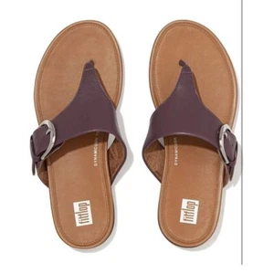 FitFlop Graccie Toe-Post Leather Sandals Eggplant Purple Comfort Buckle US 8 - Picture 1 of 15
