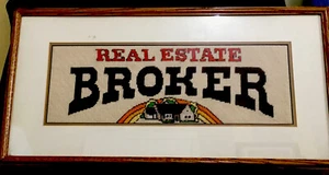 MCM 70’s Embroidery Needlework REAL ESTATE BROKER Wooden Frame Gift - Picture 1 of 10