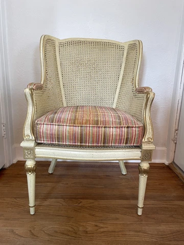 Vintage French Provincial Louis XVI Cane Three Panel Back Wingback Chair Cover