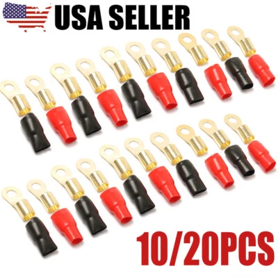 4 Gauge Gold Ring Terminal 10/20PCS 4 AWG Wire Crimp Cable- Black/Red Boots 3/8" - Image 1 of 4