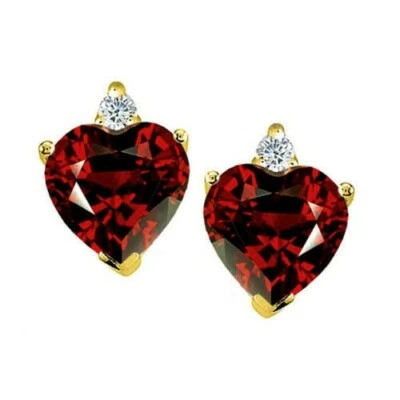 2 Ct Heart Shape Garnet & CZ 14carat Yellow Gold Plated Solitaire Stud Earrings - Image 1 of 2