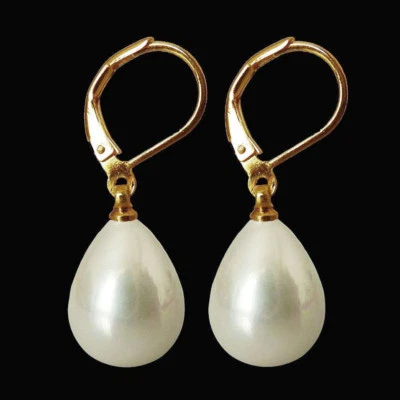 Bonitos pendientes colgantes reales enormes AAA 14X17 MM Mar del Sur perlas concha blanca oro 14K Foto 1 de 4
