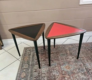 Mid Century Modern Arthur Umanoff Walnut Stacking Triangle Guitar Pick Tables - Picture 1 of 16