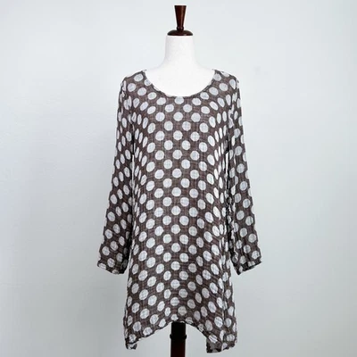 Top túnica lino tejido a lunares 100 % lino cuello redondo manga larga  Foto 1 de 4