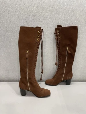 Botas hasta la rodilla Alberta Ferretti de gamuza con cordones para mujer EE. UU. 9, marrón Foto 1 de 4