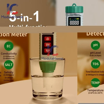 5-in-1 TDS Meter Digital Tester Water Quality Testing PH/EC/Salinity/Temperature - Image 1 of 4