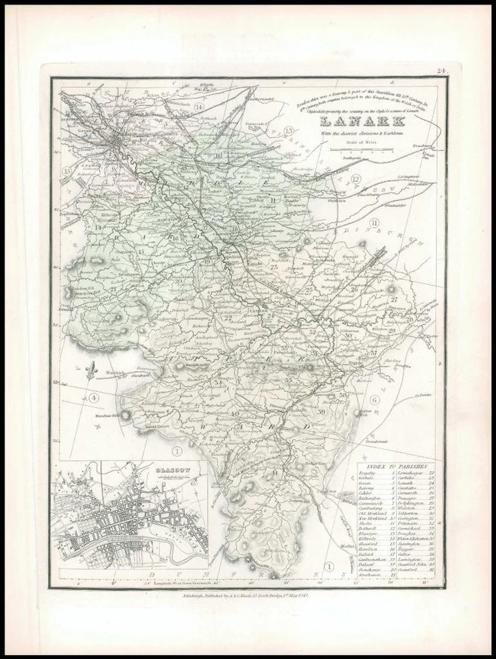 1847 Original Antique Map of LANARK VIGNETTE VIEW OF GLASGOW in Scotland (SB14) - Image 1 of 1