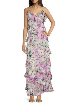 NWT Badgley Mischka Belle Maren Satin Chiffon Tiered Floral Dress Easter Size 12 - Image 1 of 4