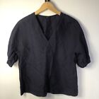 Cos Navy Blue Linen Blend Gathered Sleeves Top Eur 34 (Size Small)