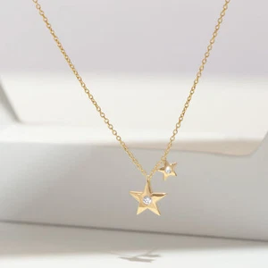 14K Gold 0.04 CT VS/F-G Diamond Double Star Necklace Christmas - The Jewelz - Picture 1 of 5