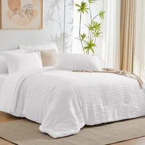 CozyLux King Comforter Set with Sheets White Seersucker Bed in a Bag 7-Pieces - Picture 1 of 9