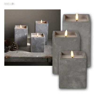 LED Echtwachs-Kerzen "Beton Quader" 11/14/16cm Timer, Zement-Optik mit 3D Flamme - Bild 1 von 4