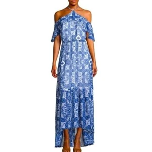 Bella Sky Halter Top Blue Geometric Cottegecore Hi-Low Maxi Dress size XS - Picture 1 of 5