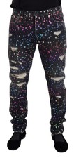 Dolce & Gabbana Black Multicolor Print Tattered Denim Men's Jeans Authentic
