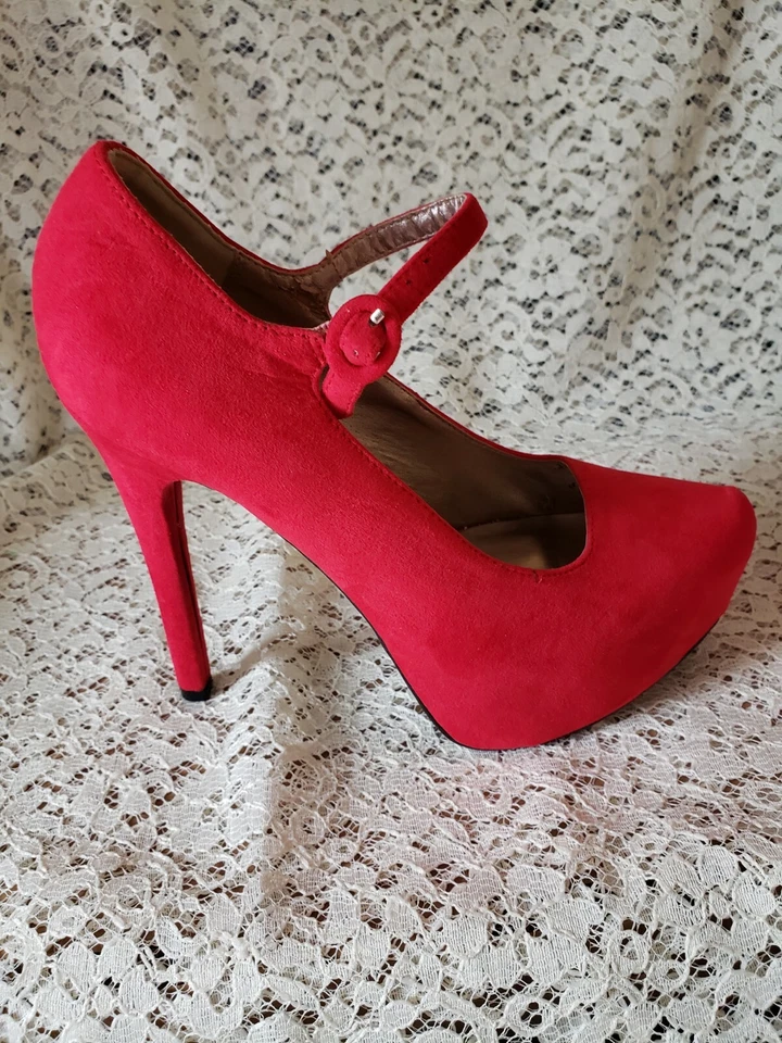 Qupid Platform Stilleto Red Suede Pumps Ankle Strap Size 6.5 - Image 1 of 4
