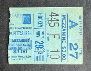 Vintage 1970 NHL Pittsburgh Penguins vs New York Rangers Ticket Stub 11/29/70 - Picture 1 of 2