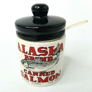 Tom Sawyer's Alaska Marke Dose Lachs Keramik Gewürzdose Deckel mit Löffel B - Bild 1 von 6