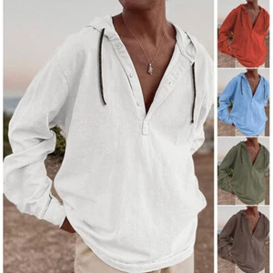 Cotton Linen Shirt Hoodie Long Sleeve Mens Spring/Summer Casual Hooded Loose Top - Picture 1 of 17