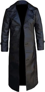 Original Leather Trench Long Coat Duster Long Full Length Windbreaker Overcoat - Picture 1 of 5
