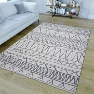 Cream Rug Grey Geometric Pattern Cotton Washable Large Small Runner Floor Mats - Picture 1 of 63