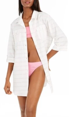 Dotti WHITE/PINK Radiance Striped Shirtdress Swim Cover-up, US Small Foto 1 de 4