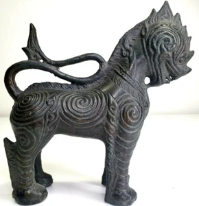 ANTIQUE THAI BRONZE GUARDIAN STATUE SINGHA THAILAND FOO TEMPLE PROTECTOR 8x8x2 - Picture 1 of 12
