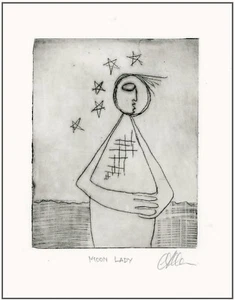 Moon Phase Face Lady & Stars. Original Modernist Expressionist ETCHING Signed - Picture 1 of 1