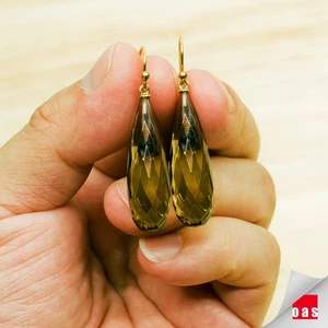 Solid 18k 14k Yellow Gold Jumbo Smoky Quartz Briolette Designer Earrings - Picture 1 of 12