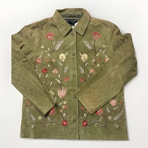 Women’s Dialogue 100% Leather Suede Jacket Small Green Embroidered Floral VTG - Picture 1 of 9