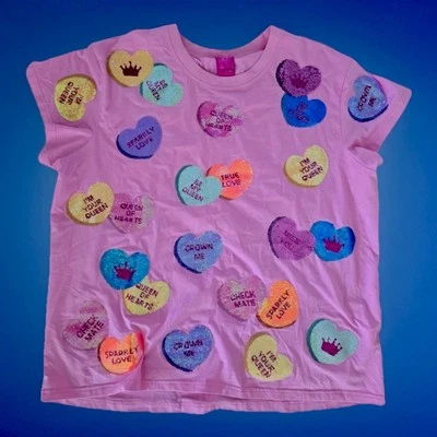 🩷Fabulous Queen Of Sparkles L Candy Hearts Sequined Tee EUC Foto 1 de 4