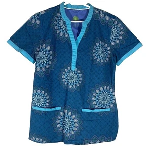 Healing Hands Scrub Top Womens Small Blue Paisley Pocket V-Neck Nursing Workwear - Picture 1 of 6