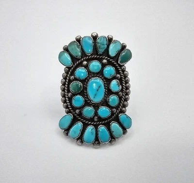 Beautiful Old Pawn Navajo Silver & Turquoise Cluster Ring, Men's Size 10.5 - Image 1 of 4