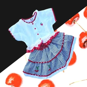Vintage B47 Kleinkind Kleid 4T Cherry Gingham Rüschen 80er 90er Mädchen Outfit - Bild 1 von 1