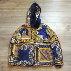 Love Moschino Abstract Puffer Coat Jacket Fur Lined Hood Size Womens 6 Patchwork - Picture 1 of 8