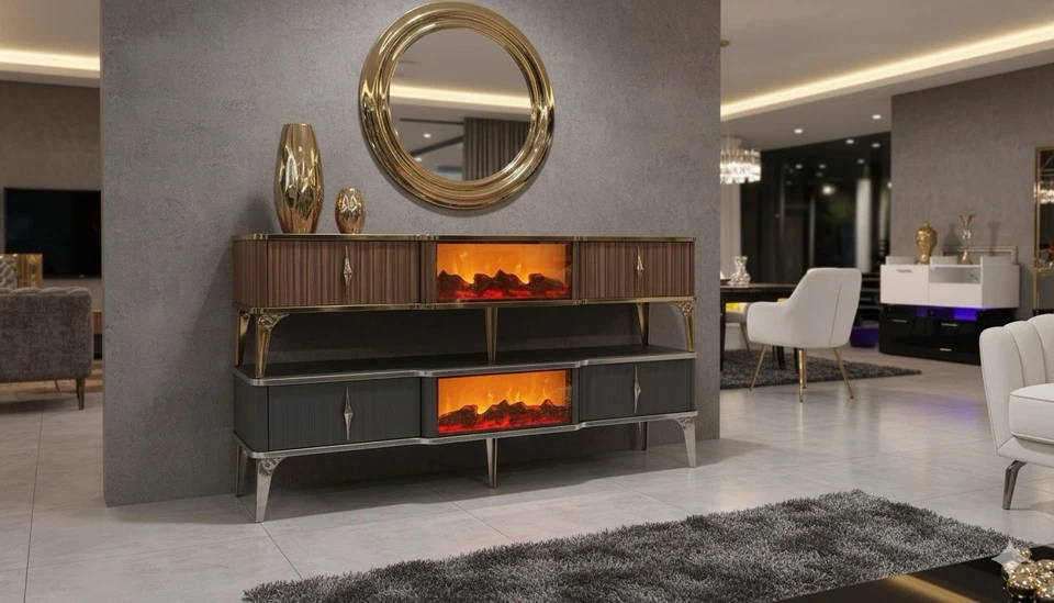 Sideboard Art Deco mit Kamin 160 cm – Modernes Design, LED-Beleuchtung, Zimmer - Bild 1 von 4