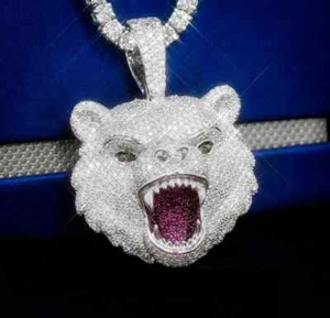 Colgante de cara de animal de 3 quilates de corte redondo simulado de rubí/circonita cúbica para hombre enchapado en oro blanco de 14 quilates - Imagen 1 de 7