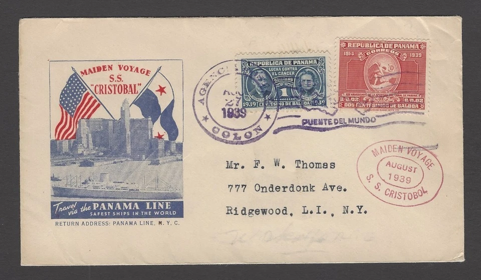 Panamá CRISTOBAL Maiden Voyage Ship Cubierta 1939 Sello Curie Foto 1 de 1