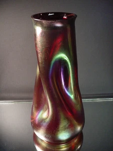 Rare Rindskopf Art Glass Blood Red Striated Iridescent Vase 12"H Art Deco Czech - Picture 1 of 9