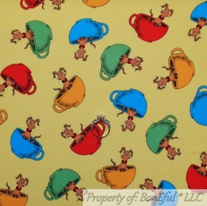 BonEful FABRIC FQ Cotton Quilt Yellow Brown Dog Tea Cup Rainbow Dr Seuss School - Picture 1 of 12