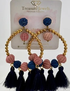 NEW Treasure Jewels Iraca Navy Gold Pink Tassel Bead Hoop Earrings MSRP $84! - Picture 1 of 2