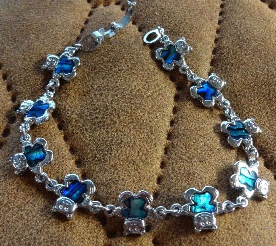 Teddy Teddybär ARMBAND PERLMUTT ABALONE MUSCHEL S-80 BLAU GRÜN SILBER ca 20 cm  - Bild 1 von 4