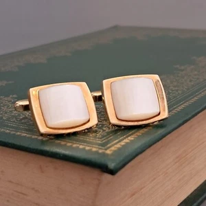 Vintage cufflinks stainless steel gold plated Glass Moonstone effect stone LL254 - Picture 1 of 3