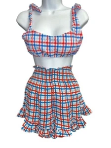 Dillard's GB Juniors XL 2 Piece Bikini & Skort Red Seersucker Americana Swimsuit - Picture 1 of 7