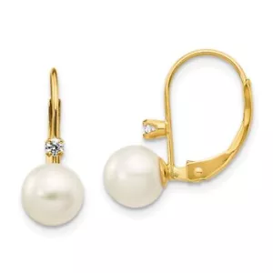 14K Solid Yellow Gold 6mm White Round Freshwater Cultured Pearl Diamond Dangl... - Picture 1 of 5