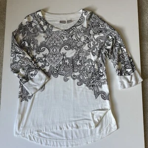 CHICOS ZENERGY SZ 0 Small Black/White Paisley Print Top Tunic 3/4 Sleeve - Picture 1 of 8
