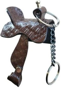 New! Brown Tooled leather MINI WESTERN SADDLE KEY CHAIN Key ring Cowboy Cowgirl - Picture 1 of 1