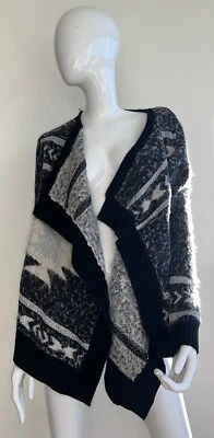 BCBG MaxAzria Waterfall Cardigan Knit Sweater Open Sz.L Blck/Cream/Silver CHIC! - Image 1 of 4